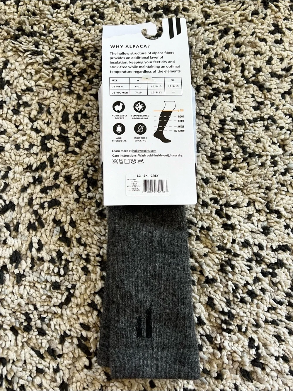 Hollow Alpaca Ski Socks All Day Warmth Grey Size Large